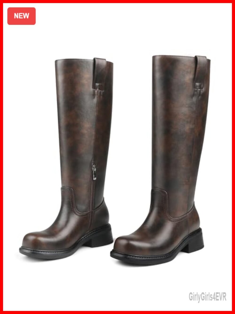 Knee High Cowgirl Boots Square Toe Zip Low Block Heel Riding Shoes Faux Leather
